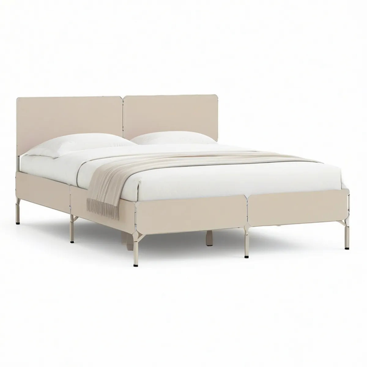Sengeramme 180 x 200 cm i beige PU-kunstlæder med sølvfarvede stålben