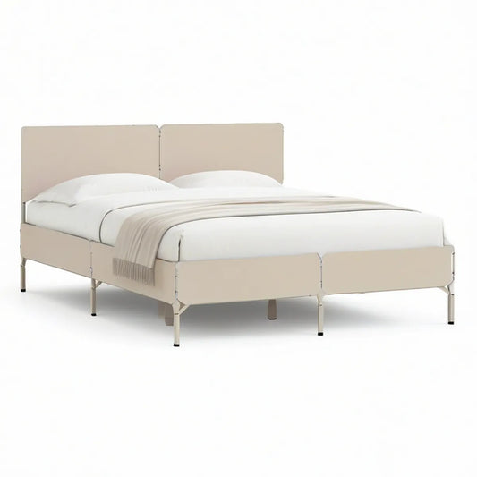 Sengeramme 180 x 200 cm i beige PU-kunstlæder med sølvfarvede stålben