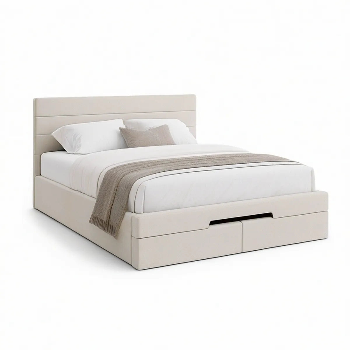 Polstret opbevaringsseng med 2 skuffer, beige polyester, 160 x 200 cm