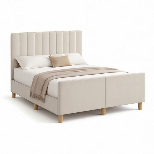 Polstret sengestel 160 x 200 cm i creme med naturfarvede træben