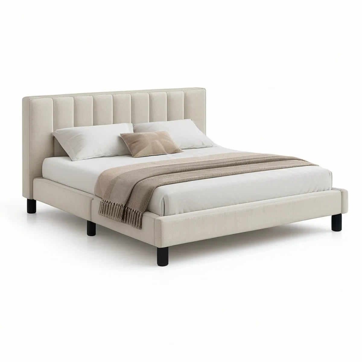 Polstret dobbeltseng med kanalpolstret sengegavl, 160 x 200 cm, Beige/Sort